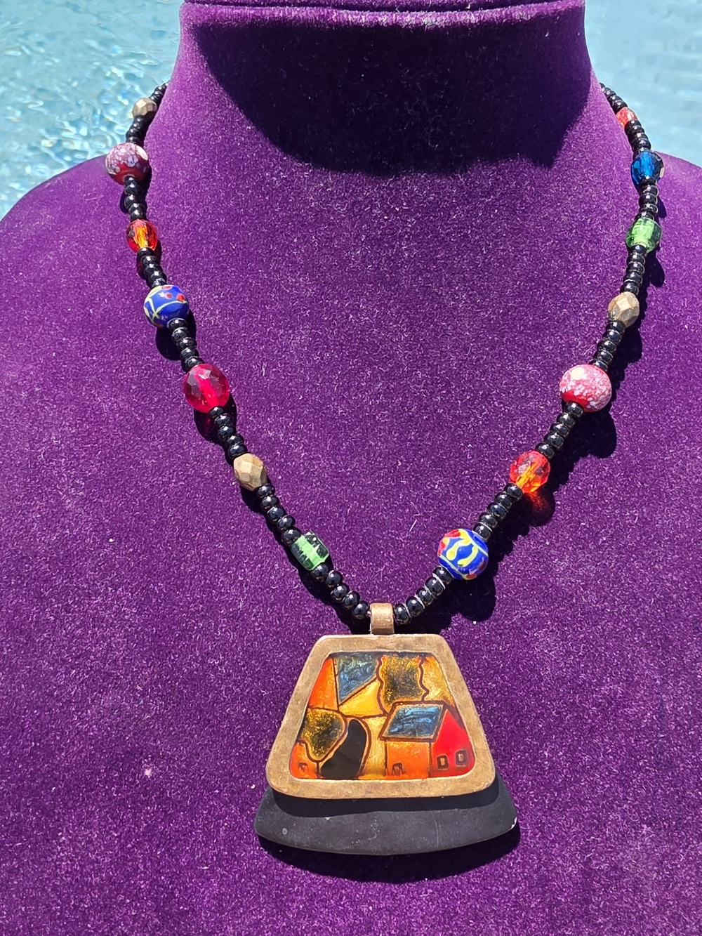 Chico's Multicolor Beaded Necklace with Orange House Pendant